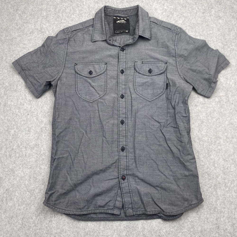 Vans Shirt Mens Medium Gray Herringbone Short Sleeve Button Up Casual Cotton